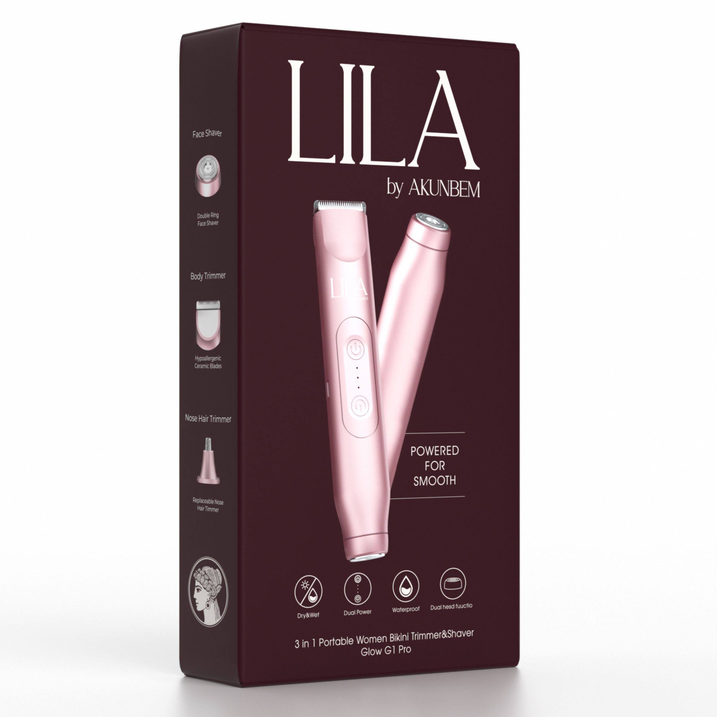 LILA by AKUNBEM

Face Shaver  
Double Ring Face Shaver

Body Trimmer  
Ceramic Blades

Nose Hair Trimmer  
Replaceable Nose Hair Trimmer

POWERED FOR SMOOTH

Women Bikini Trimmer & Shaver  
Glow G1 Pro

3 in 1 Portable  
Dual Power  
Waterproof  
Dual Heads Trimmer

Dry & Wet