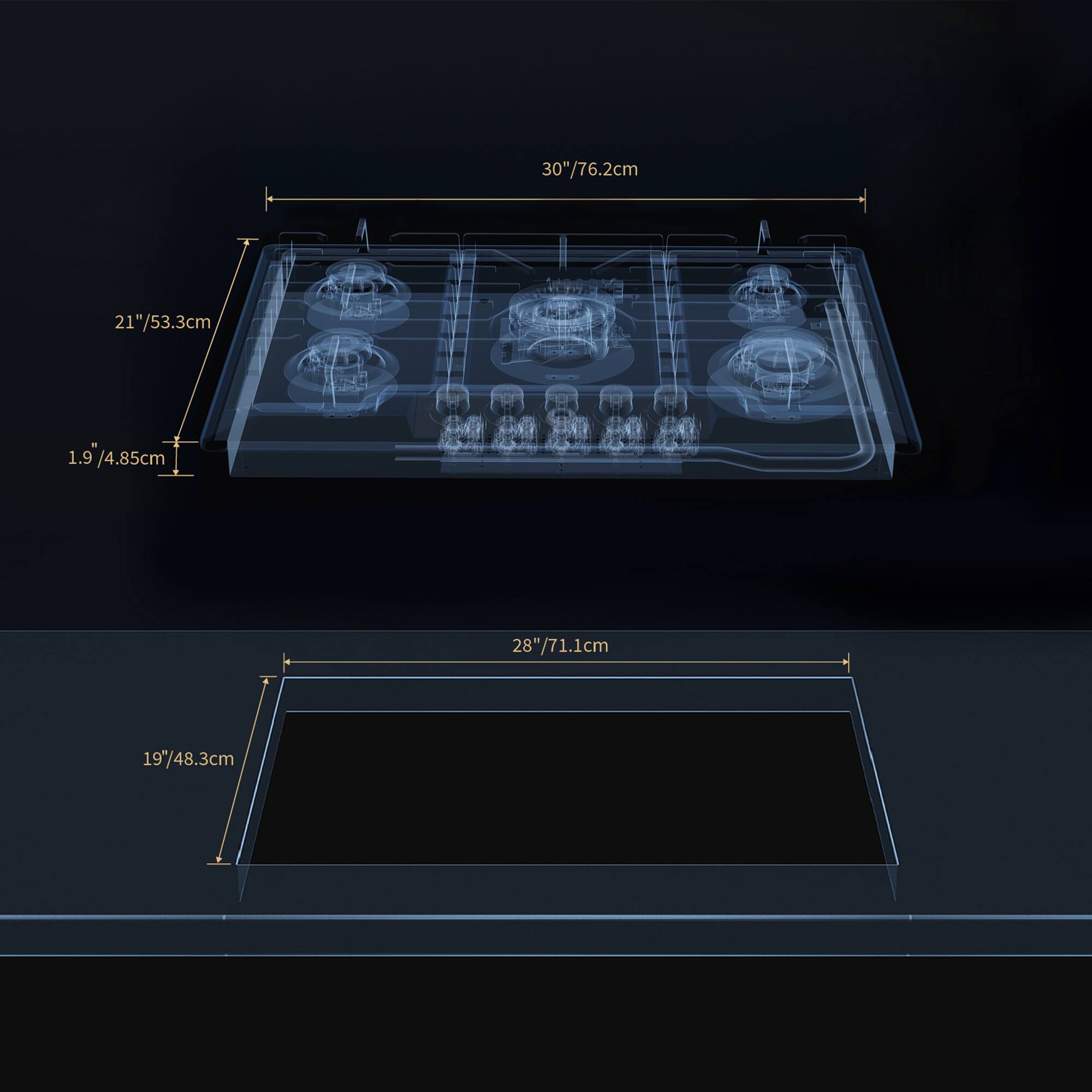 30"/76.2cm, 21"/53.3cm, 1.9 /4.85cm, 28"/71.1cm, 19/48.3cm