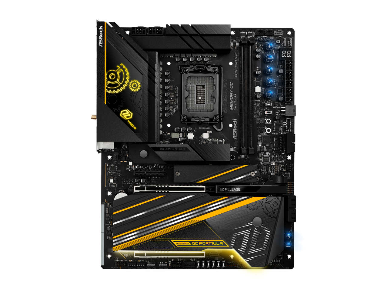 ASRock TRICH i - "BLAZING M.2"  
C.C ! i TRCH ZIR OC MEMORY SHIELD 3  
ASRock - 8.8 I 2 3  
EZ RELEASE  
OC FORMULA