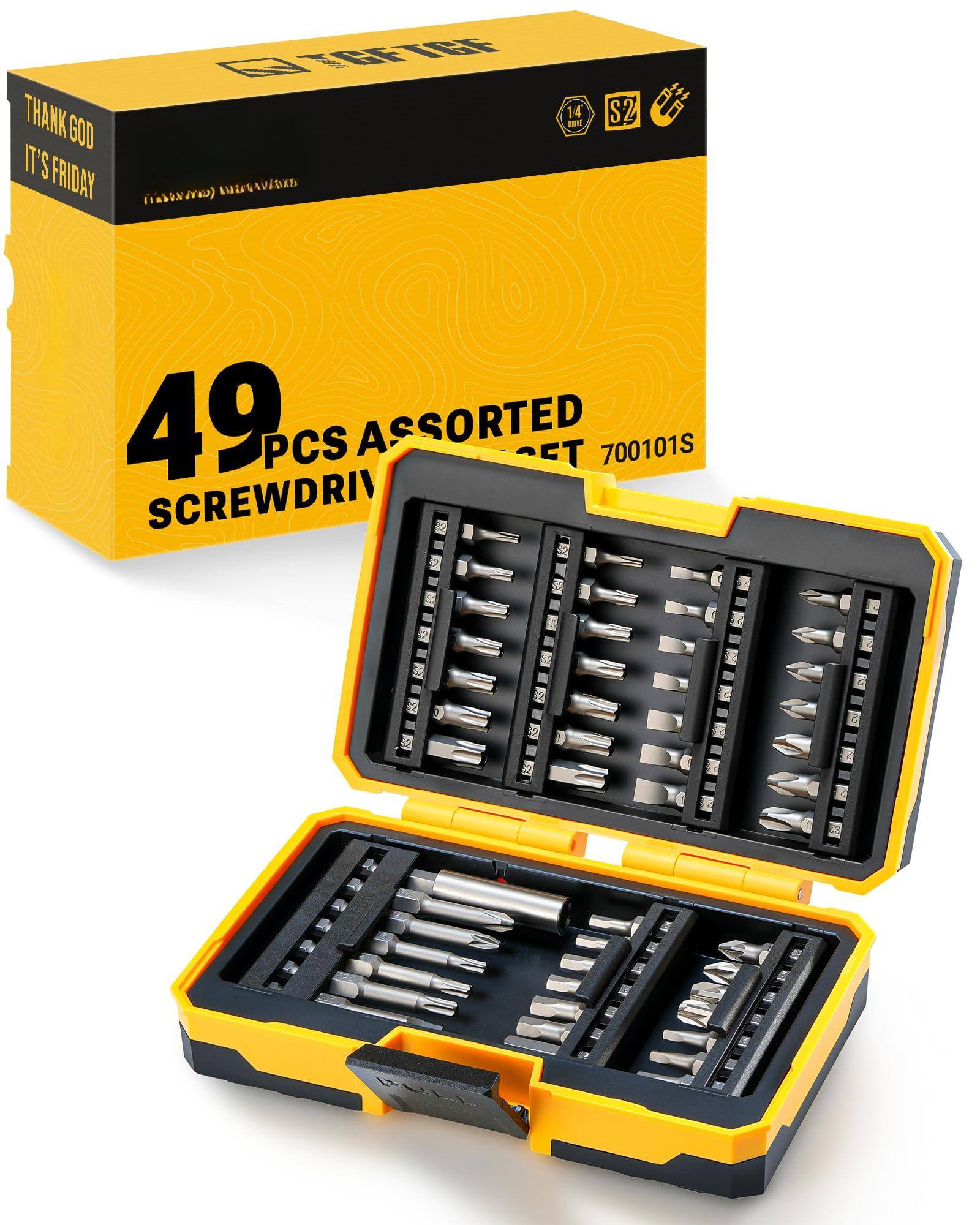 Sure, here is the corrected and grouped text from the image:

---

**Top Left:**
- THANK GOD IT'S FRIDAY

**Top Right:**
- 14 DRIVE
- S2

**Center:**
- 49 PCS ASSORTED SCREWDRIVER SET

**Bottom Right:**
- 700101S

---