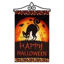 G128 - Combo Garden Flag Hanger 14.2 in with 12" x 18" Double-Sided Blockout Flag — Happy Halloween Cat and Ghosts - Black, Orange