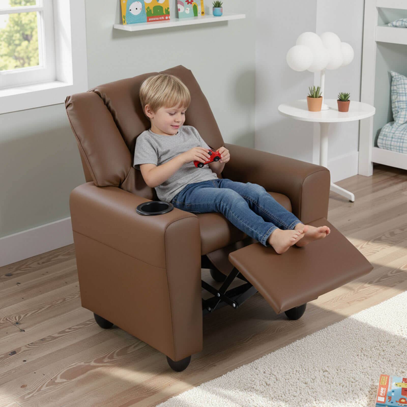 Alt View 4. Costway - Costway Kids Recliner with Cup Holder Adjustable Backrest & Footrest for Boys & Girls - Coffee.