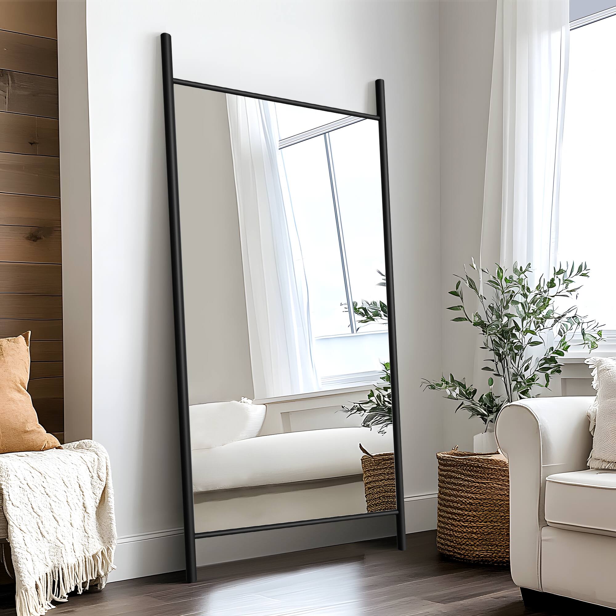 Front. PexFix - Full Length Mirror 73"x35" Rustic Leaning Ladder Floor Mirror with Wood Frame Dressing Mirror Wall Mounted - Black.
