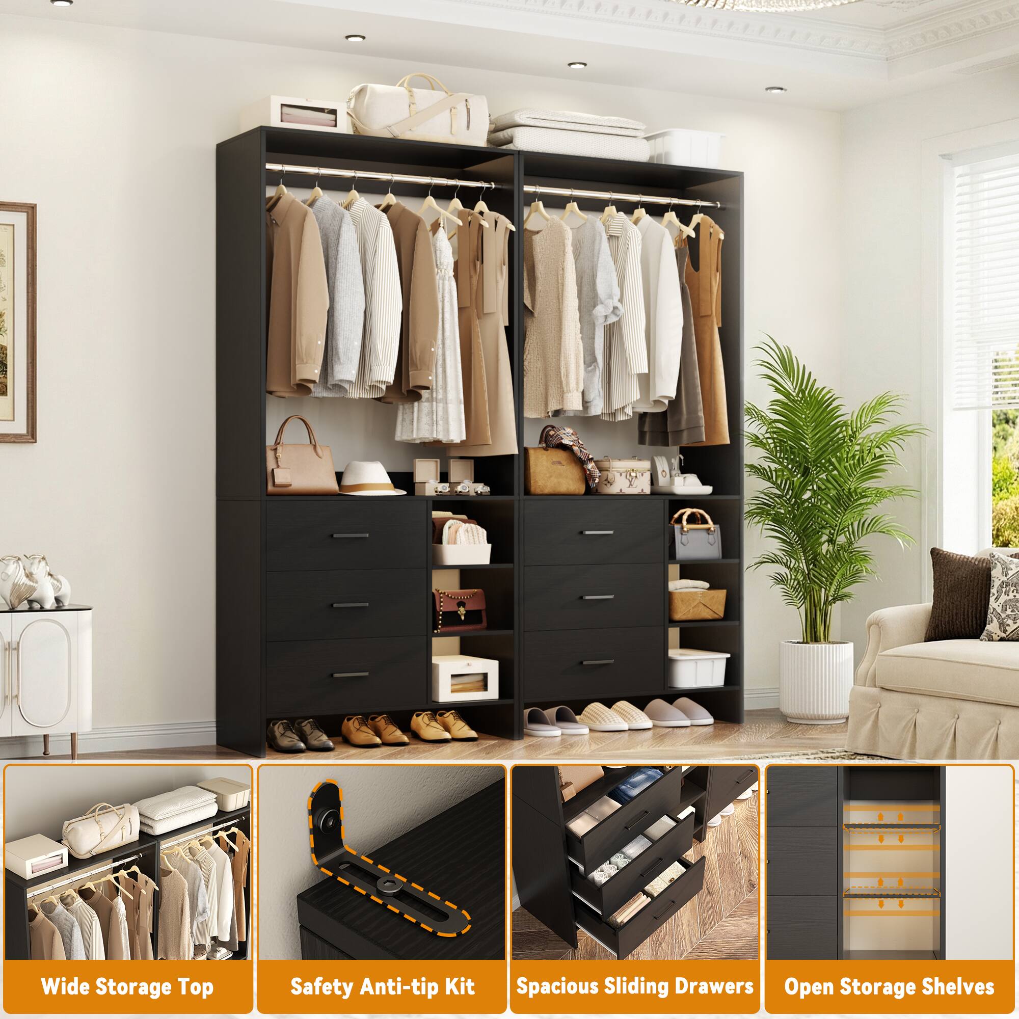 Wide Storage Top  
Safety Anti-tip Kit  
Spacious Sliding Drawers  
Open Storage Shelves