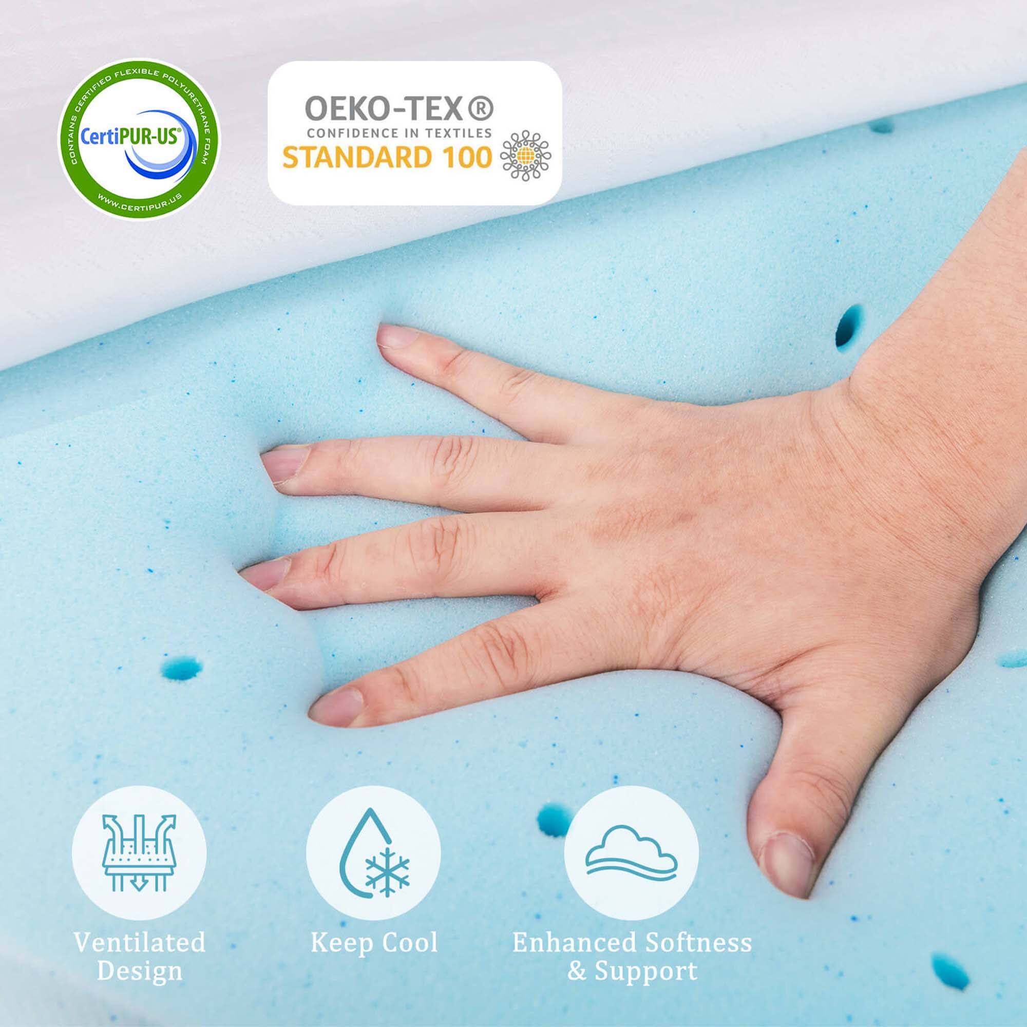 CERTIFIED POLYURETHANE CONTAINS CertiPUR-US  
OEKO-TEX® CONFIDENCE IN TEXTILES STANDARD 100  

Ventilated Design  
Keep Cool  
Enhanced Softness & Support