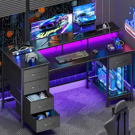 Furnulem - 47 Inches Computer Desk with Monitor Stand Charging Station LED Lights Gaming Desk with Drawers for Home Office - Black