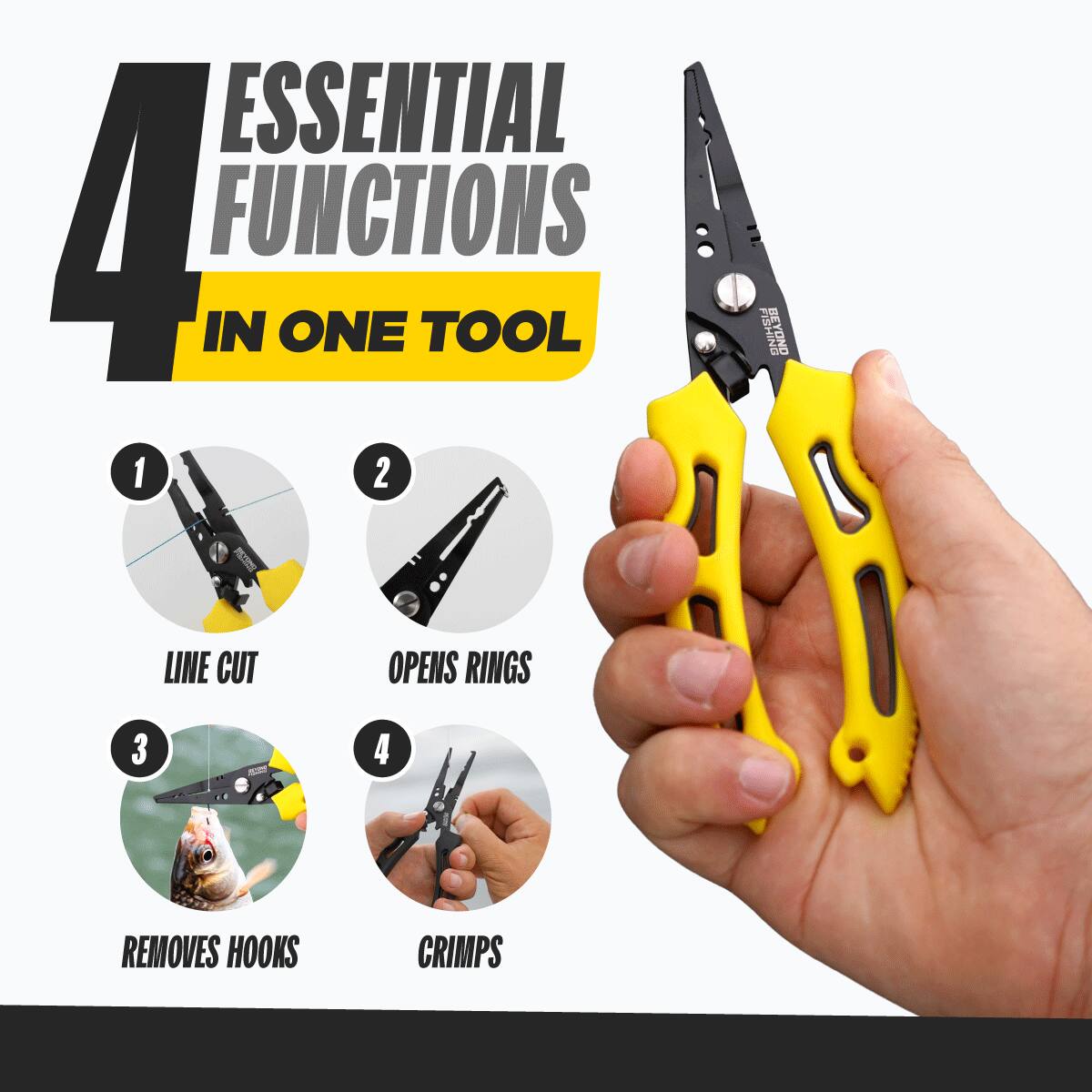 ESSENTIAL 4 FUNCTIONS IN ONE TOOL

1. LINE CUT
2. OPENS RINGS
3. REMOVES HOOKS
4. CRIMPS