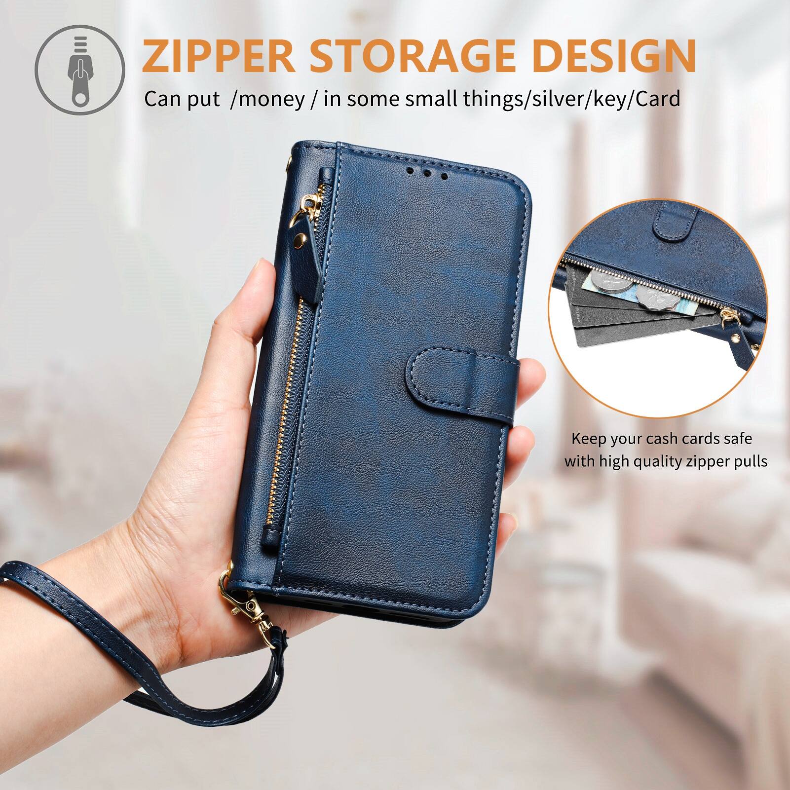 ZIPPER STORAGE DESIGN  
Can put /money / in some small things/silver/key/Card  
Keep your cash cards safe with high quality zipper pulls