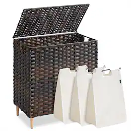 Songmics Home - Laundry Hamper with Lid, PE Rattan Laundry Basket with Removable Liner, Storage Basket for Bedroom Living Room - Chestnut Brown