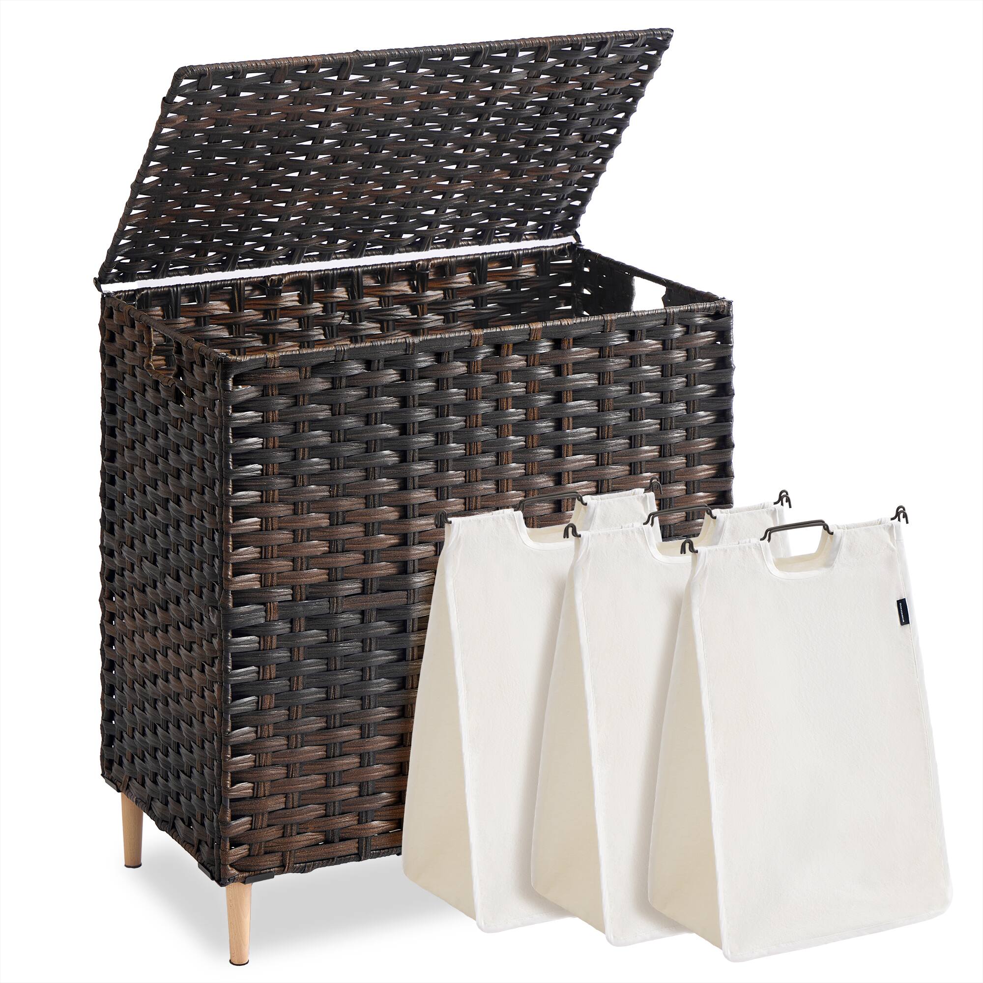 Songmics Home - Laundry Hamper with Lid, PE Rattan Laundry Basket with Removable Liner, Storage Basket for Bedroom Living Room - Chestnut Brown