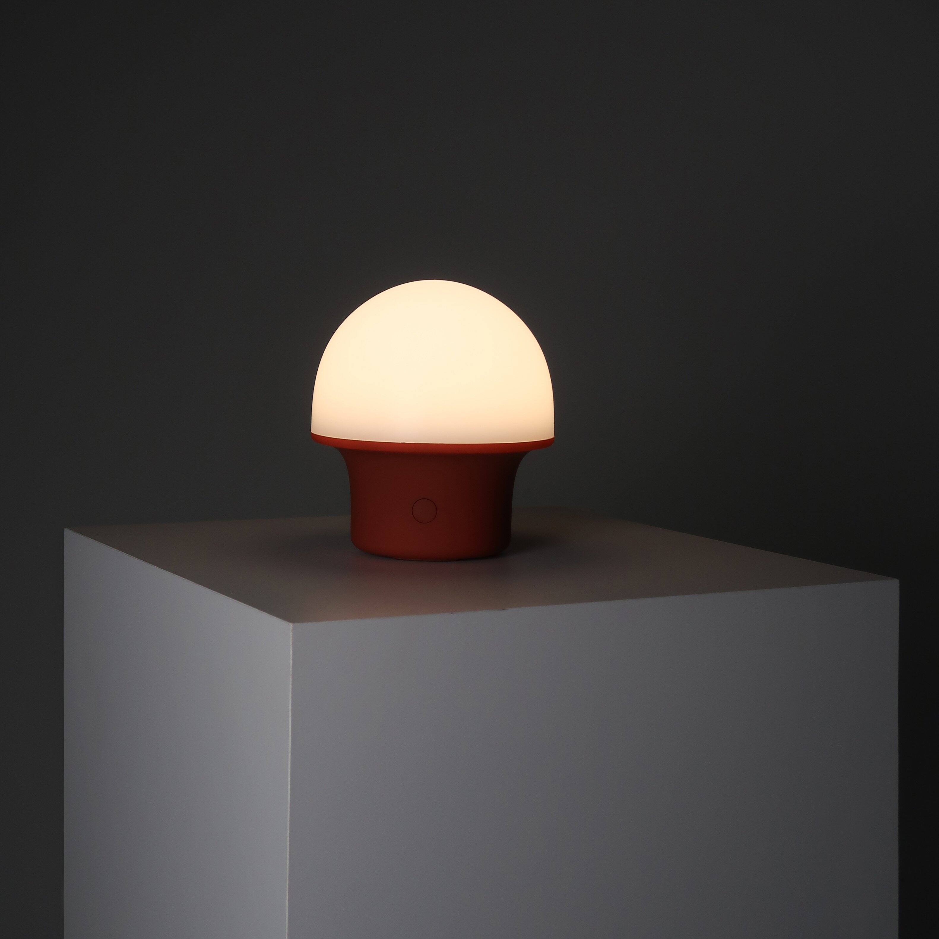 Angle. Brightech - Portobello LED Modern Industrial Round Dome Dimmable Cordless Portable Indoor Outdoor Rechargeable Camping Desk Lamp - Matte Red.