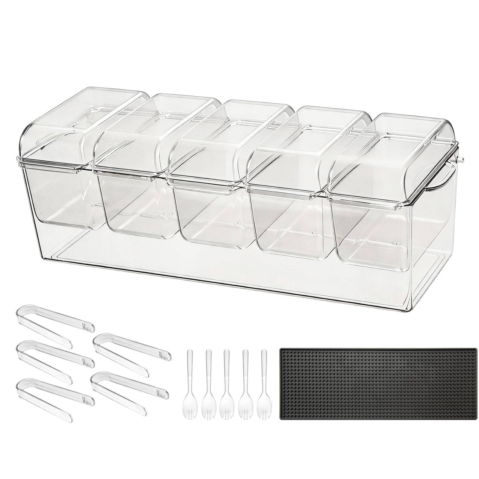 Alt View 5. VEVOR - Chilled Condiment Server Caddy, 5 Compartment Ice Cooled Serving Container, Plastic Fruit Garnish Tray Platter - Transparency.