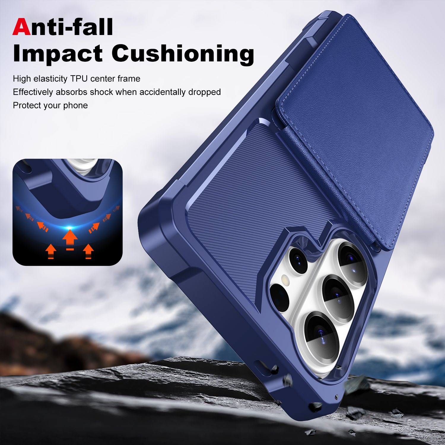 Anti-fall Impact Cushioning

High elasticity TPU center frame  
Effectively absorbs shock when accidentally dropped  
Protect your phone