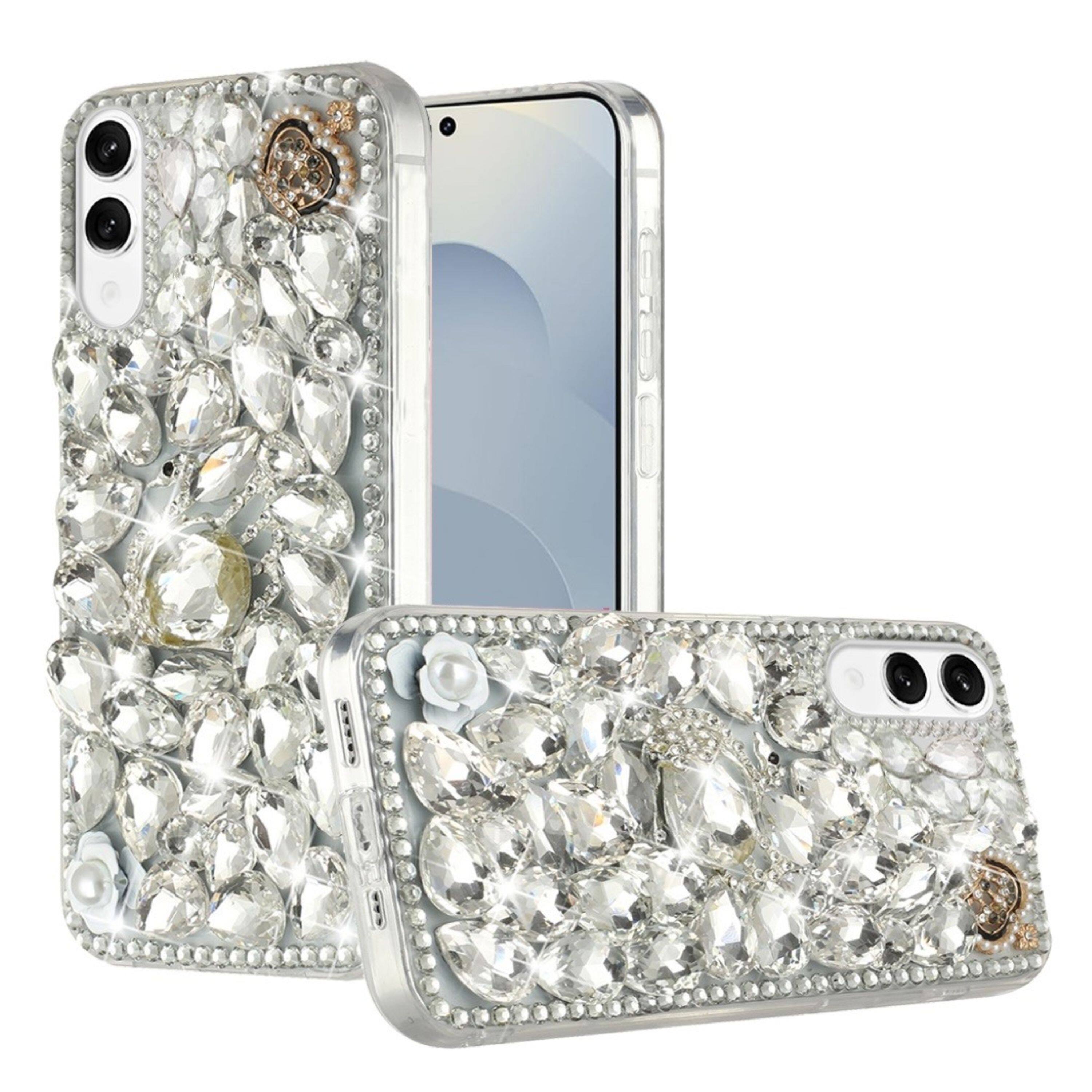 Angle. Kitcheniva - Full Diamond Bling 3D Jewel Ornaments With Tempered Glass For Samsung Galaxy S25 Edge Silver Swan Crown Pearl - Multicolor.