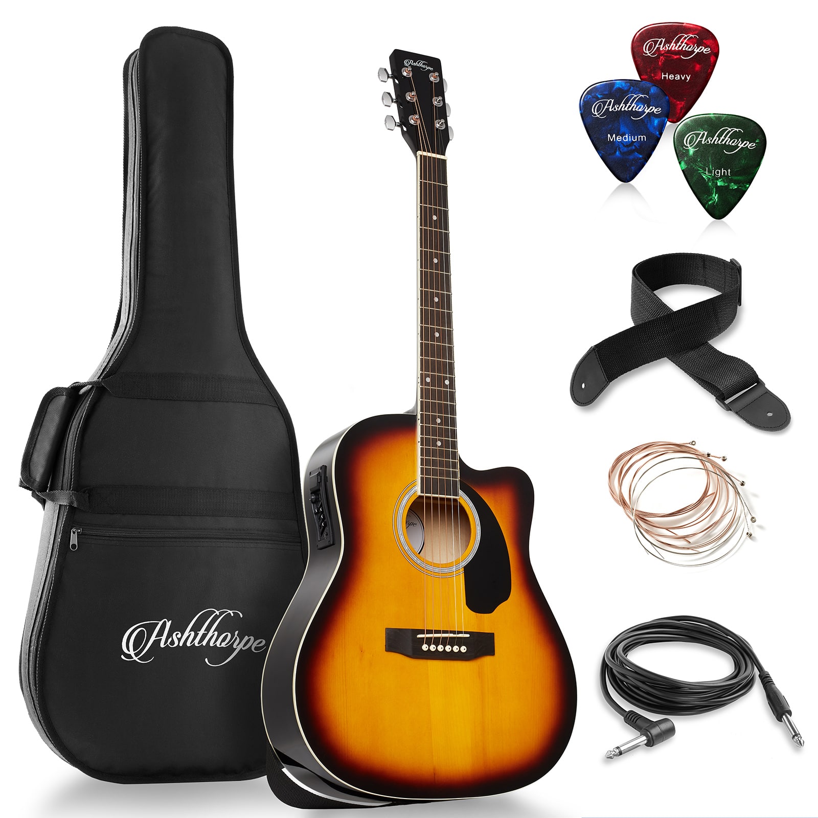 Ashthorpe - Full-Size Dreadnought Cutaway Acoustic-Electric Guitar Bundle - Sunburst