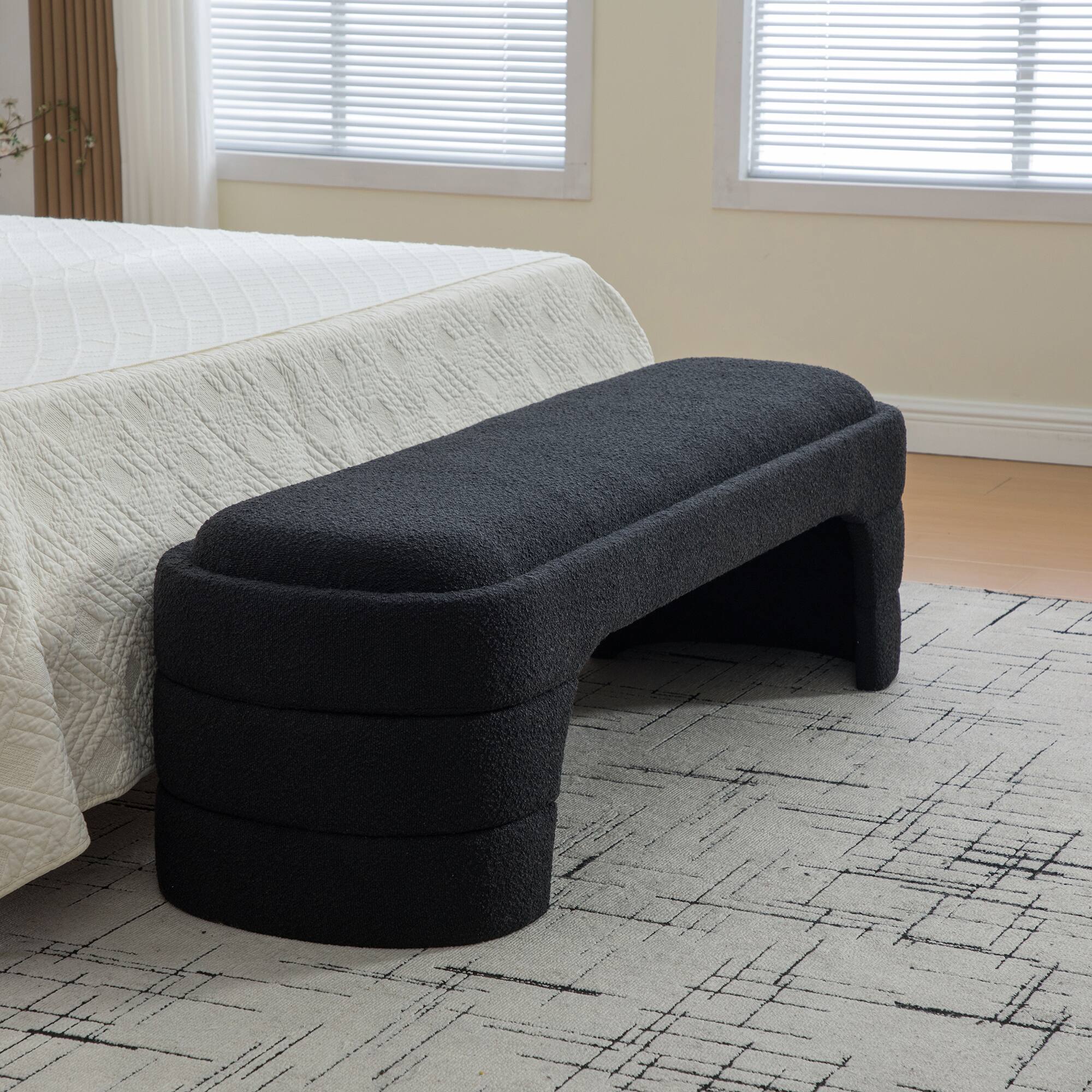 Back. Ropilly - 65 Inch Modern Upholstered End of Bed Bench, Black Boucle Armless Entryway Bench, Chenille Ottoman Foot Stool - Black.