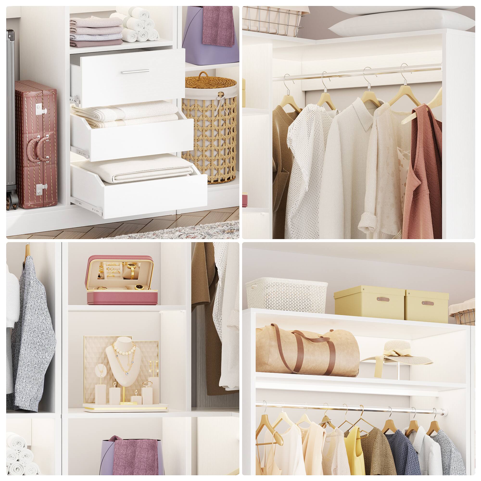 Alt View 1. Aheaplus - 72" Freestanding Corner Closet System - 2-Piece Wood Wardrobe with Drawers & Hanging Rods - White.