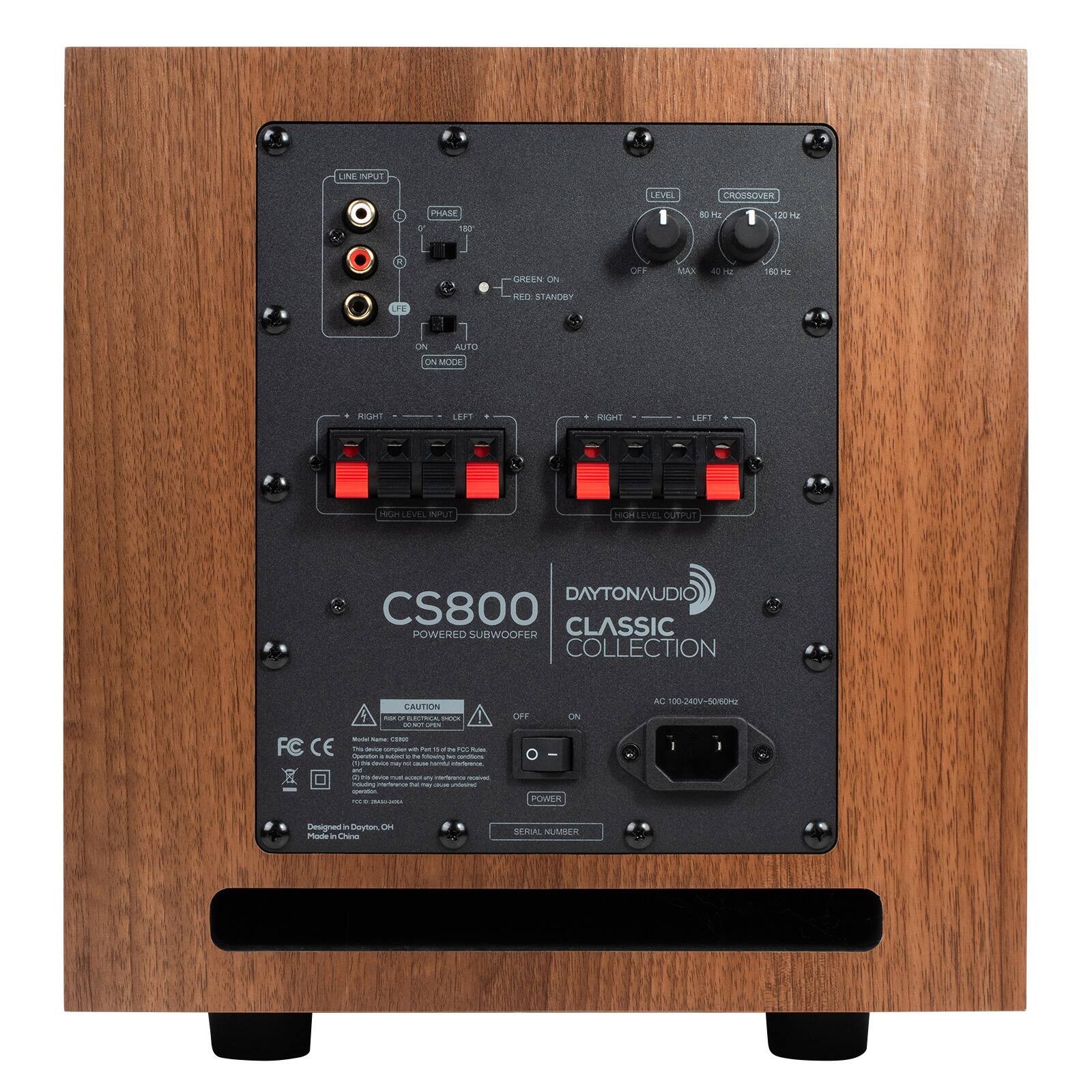 LINE INPUT  
LEVEL  
CROSSOVER  
PHASE  
80 Hz  
120Hz  
R  
GREEN ON  
OFF  
MA  
40 Hz  
160Hz  
LFE  
RED: STANDBY  
ON  
AUTO  
ON MODE  
RIGHT  
LEFT  
HIGHLEVEL INPUT  
HIGHLEVEL OUTPUT  
DAYTONAUDIO CS800 POWERED SUBWOOFER CLASSIC COLLECTION  
FC CE  
CAUTION FUDA.O CIORICAL SHOCK x WT OPEN Model forter CORDO The device empler 10 Per DEN " FOO RUN Opendon 4  to foloving MC conations (1)) delvice MY ml JUSA  mederance. INC 8  Service nue act " redrence TROTIVED Youthy METIANO N my OUR undative: - PM a -  
OFF ON O POWER  
AC 100-240V-50/60Hz  
Designed by Dayton, OH Mode in China  
SERIAL NUMBER