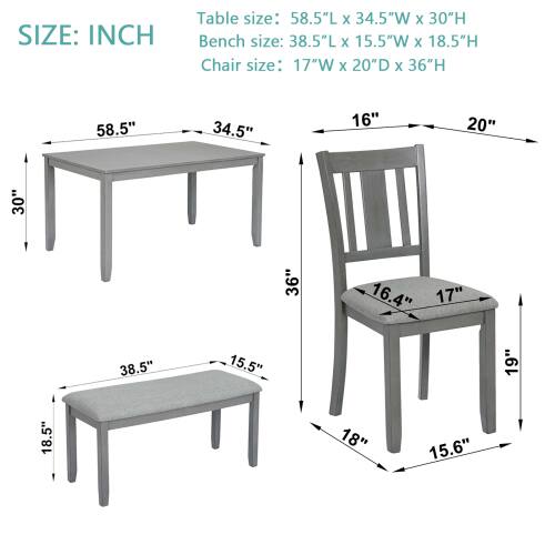 SIZE: INCH

Table size: 58.5"L X 34.5"W X 30"H

Bench size: 38.5"L x 15.5"W x 18.5"H

Chair size: 17"W X 20"D X 36"H

58.5" 34.5" 16" 20" 30" 36" 16.4" 17" 38.5" 15.5" 19" 18.5" 18" 15.6"
