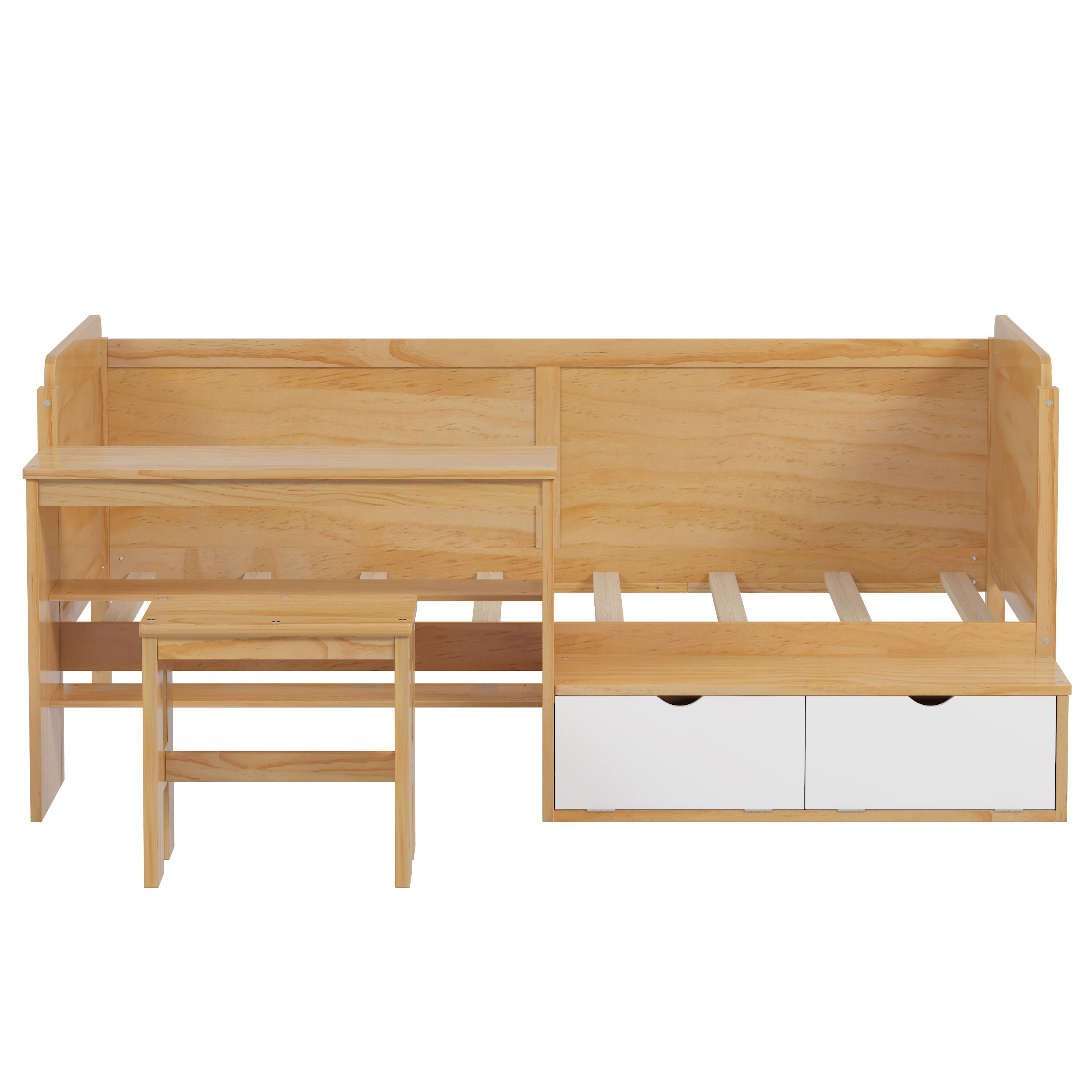 Alt View 1. Tiramisubest - Twin Size Daybed with Storage Shelves and Lockers, Multi-functional Bed with Study Desk and Matching Stool, Natural - Natural.