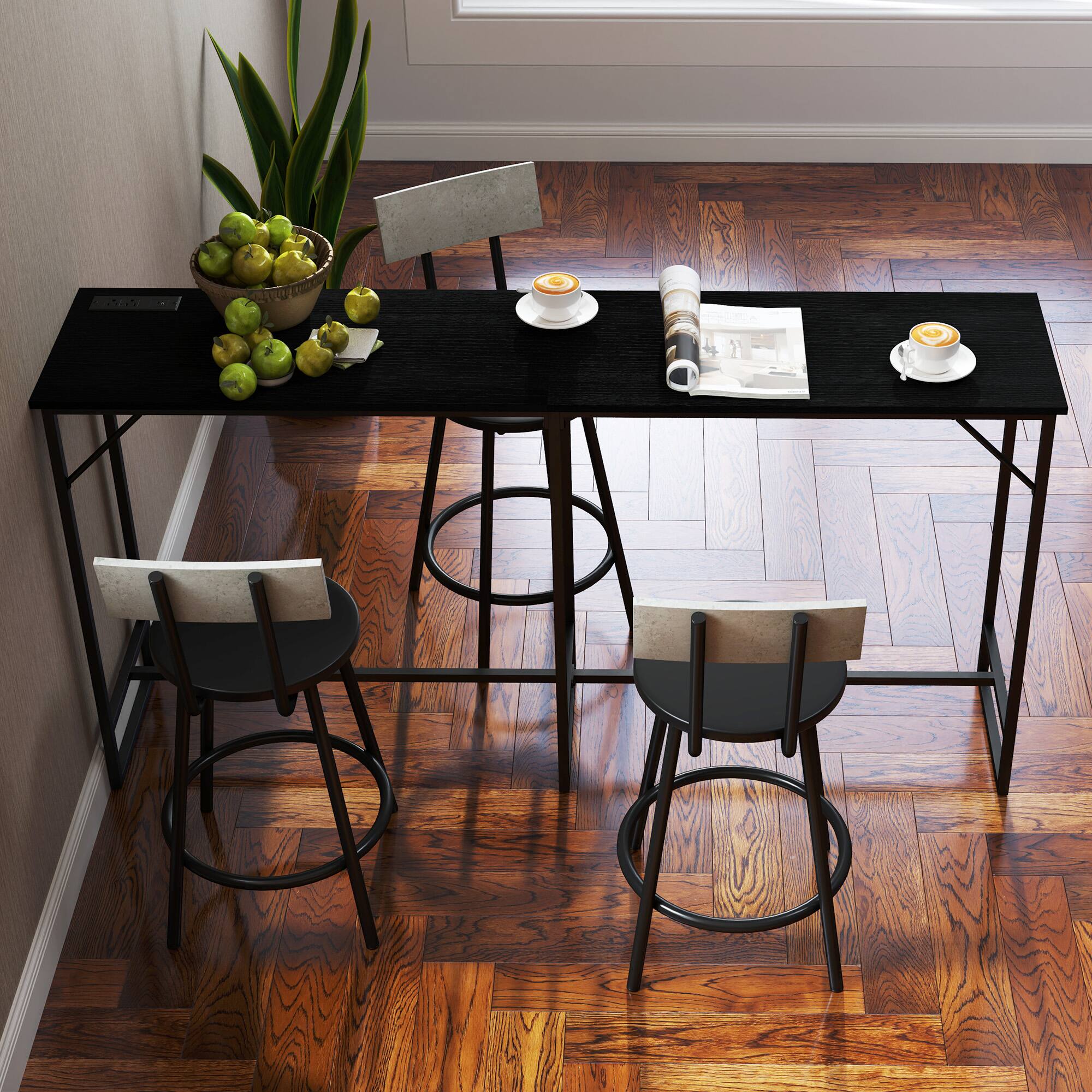 Alt View 7. Homcom - 70" Long Counter Height Table  with Charging Station, Industrial Style Rectangular Bar Table with Steel Frame - Black.