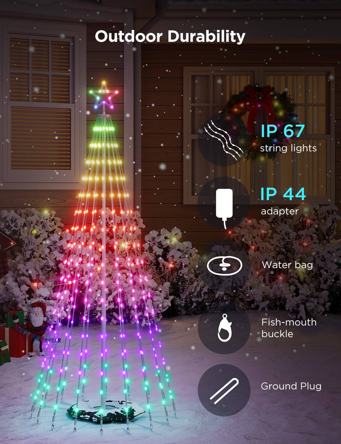 Outdoor Durability

- IP 67 string lights
- IP 44 adapter
- Water bag
- Fish-mouth buckle
- Ground Plug
