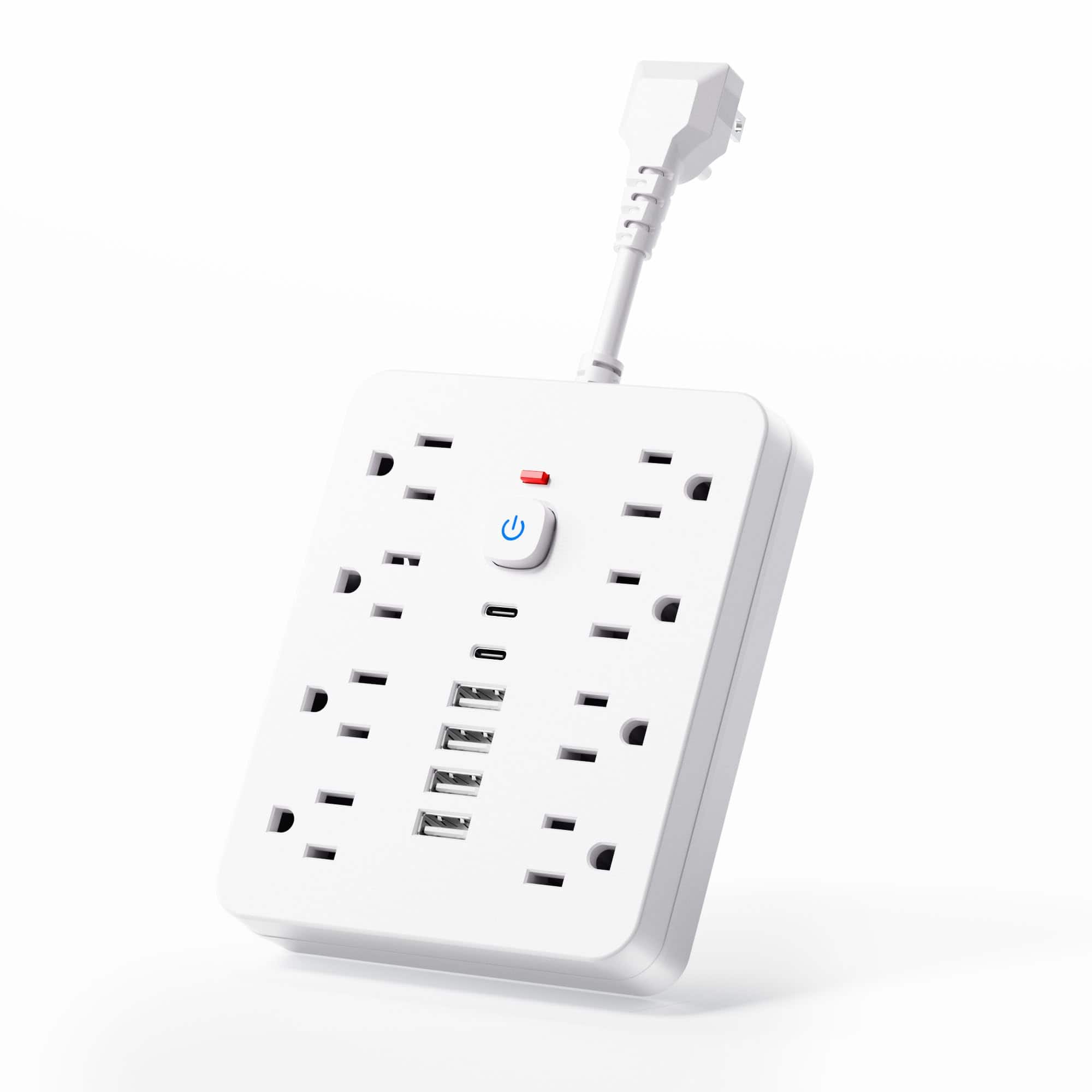 Dazzed Corner - Surge Protector Power Strip with 8 AC Outlets, Flat Plug Short Cord - White