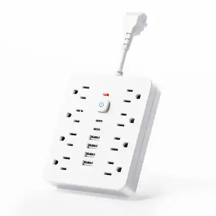 Front. Dazzed Corner - Surge Protector Power Strip with 8 AC Outlets, Flat Plug Short Cord - White.