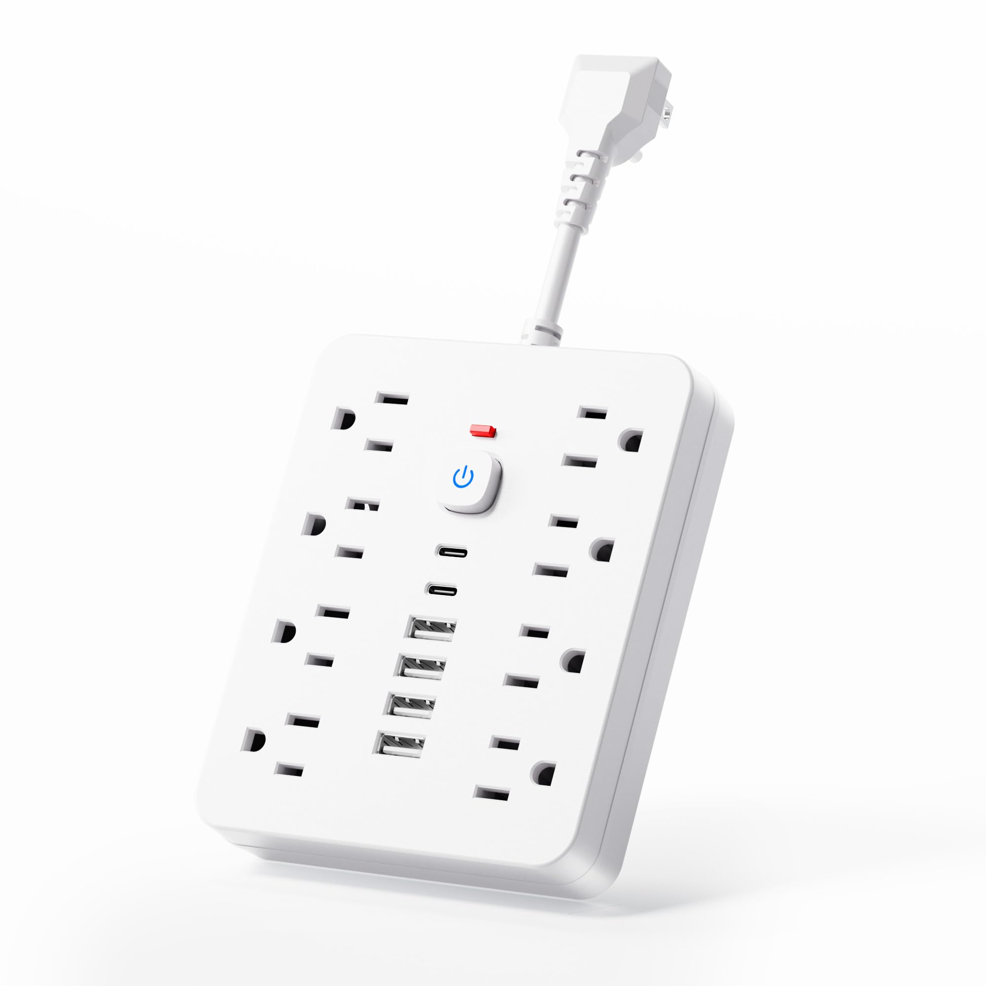 Front. Dazzed Corner - Surge Protector Power Strip with 8 AC Outlets, Flat Plug Short Cord - White.