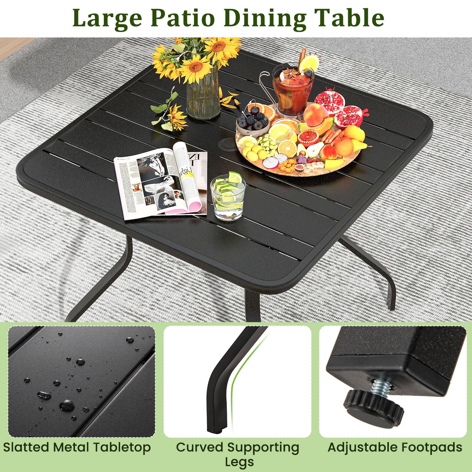 Large Patio Dining Table

- Slatted Metal Tabletop
- Curved Supporting Legs
- Adjustable Footpads