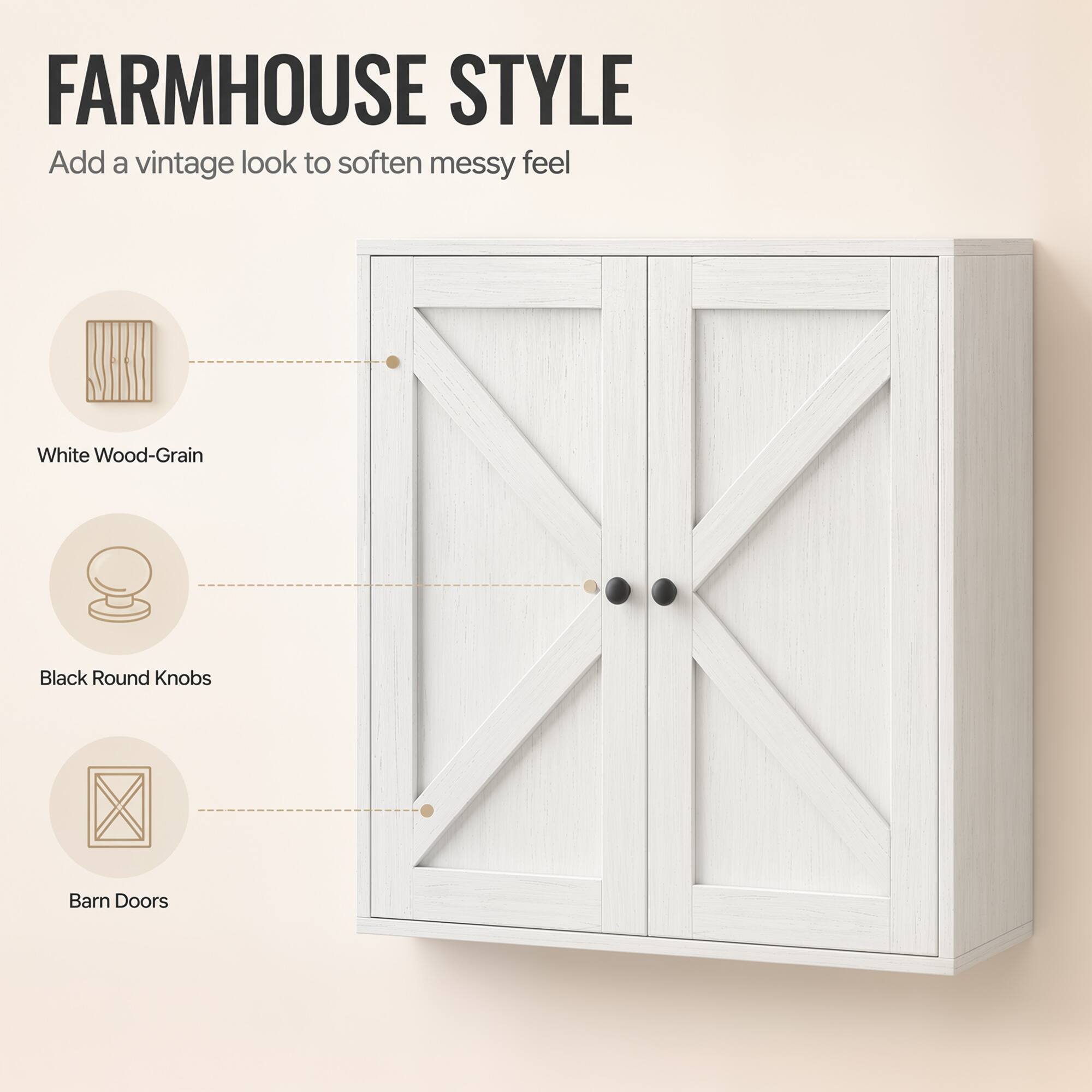 FARMHOUSE STYLE  
Add a vintage look to soften messy feel  
White Wood-Grain  
Black Round Knobs  
Barn Doors