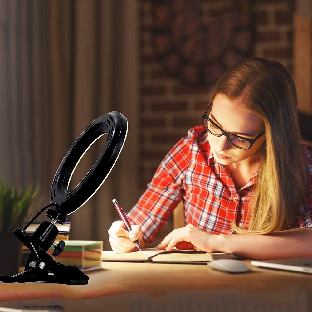 Back. PARKER SLATER - Dimmable ring light 3200K-6500K, clip-on LED for monitor, laptop, or phone, ideal for video calls and streaming..