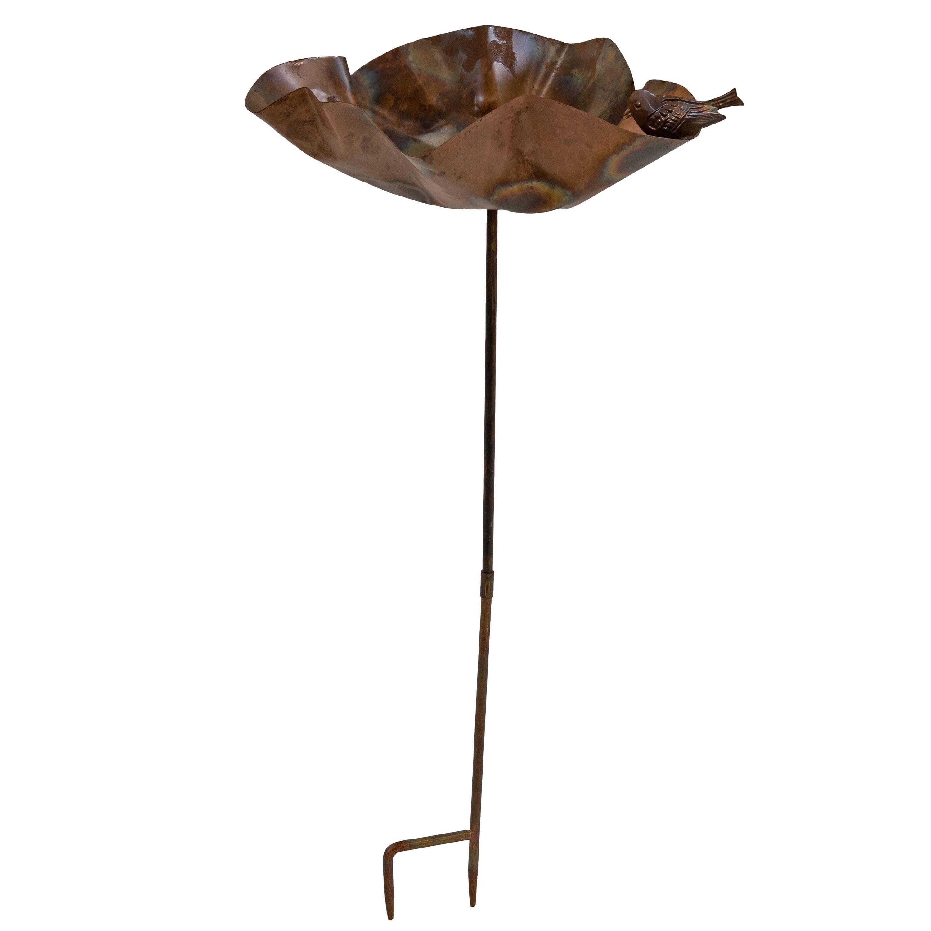 Front. Sunnydaze - Staked Metal Bird Bath with Bird Figurine - 34" - Copper.