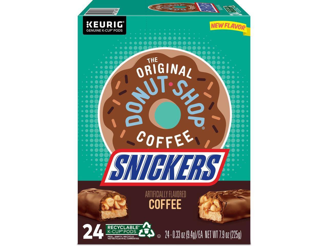 TSE 00 KEURIG NEW FLAVOR GENUINE K-CUP PODS THE ORIGINAL DONUT SHOP COFFEE TM SNICKERS ARTIFICIALLY FLAVORED COFFEE RECYCLABLE 24 K-CUP* Y PEEL MCPILED EMPTY, a ALL PODS ECYCLE CMMUNTES U 24 -0.33 OZ (9.4g)/EA NET WT 7.9 OZ (225g)