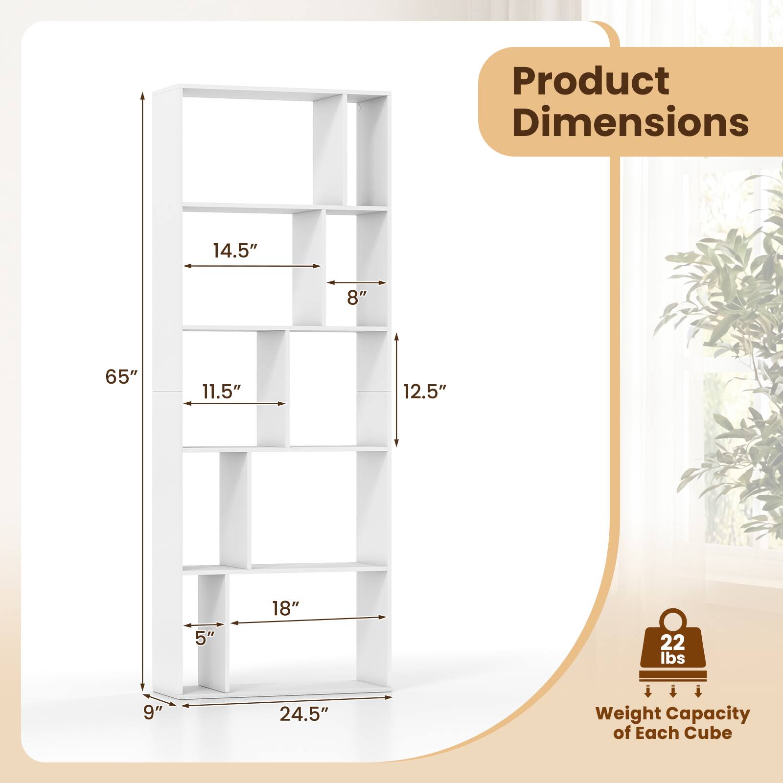 Product Dimensions: 14.5" x 8" x 65" x 11.5" x 12.5" x 5" x 18" x 9" x 24.5"  
Weight Capacity of Each Cube: 22 lbs