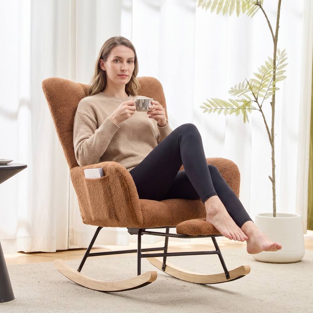 Angle. Loheer - Loheer Teddy Fabric Glider Rocker with Ottoman Brown Nursery Rocking Chair Solid Wood Base - Brown.