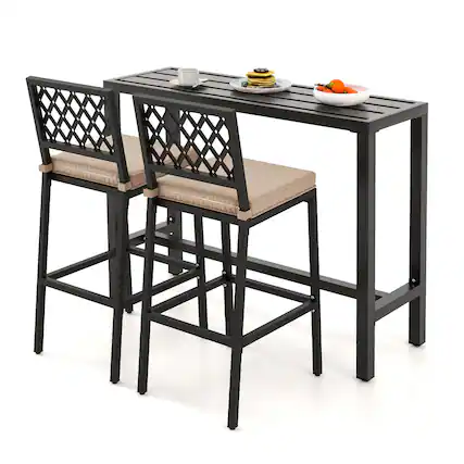 Front. Gymax - Gymax 3PCS Outdoor Chairs & Metal Bar Table Set Patio Dining Table Set w/ Cushion - Black + Beige.