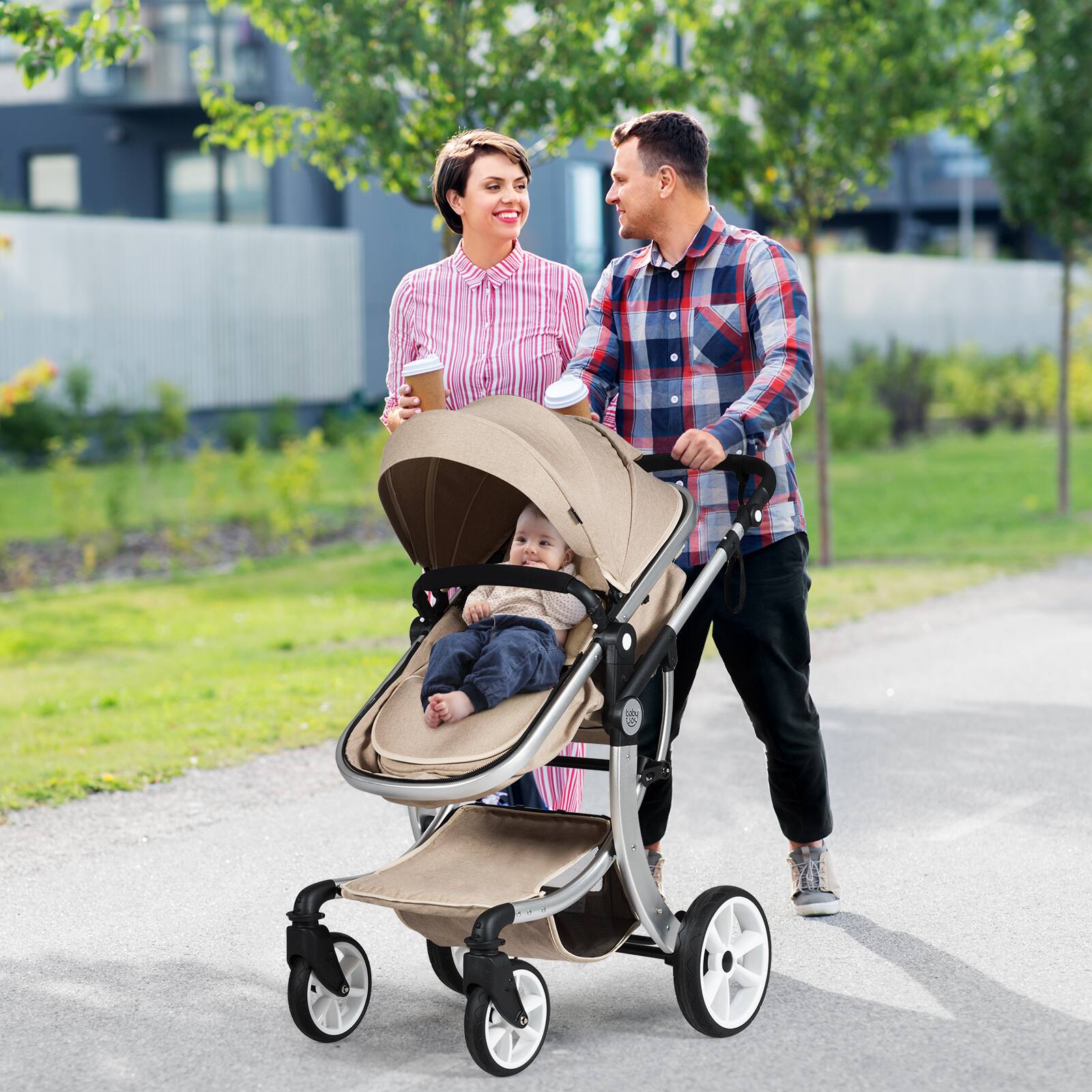 Alt View 1. Costway - Costway High Landscape Stroller 2-in-1 Foldable for Infant with Reversible Seat - Beige.