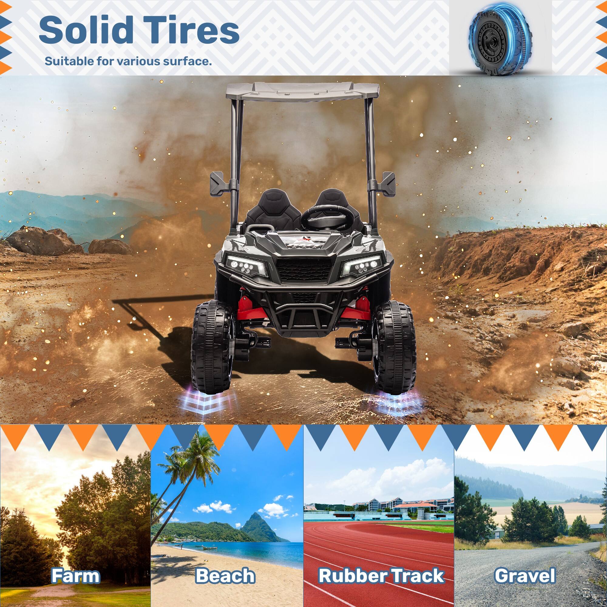 Solid Tires  
Suitable for various surface.

Farm  
Beach  
Rubber Track  
Gravel