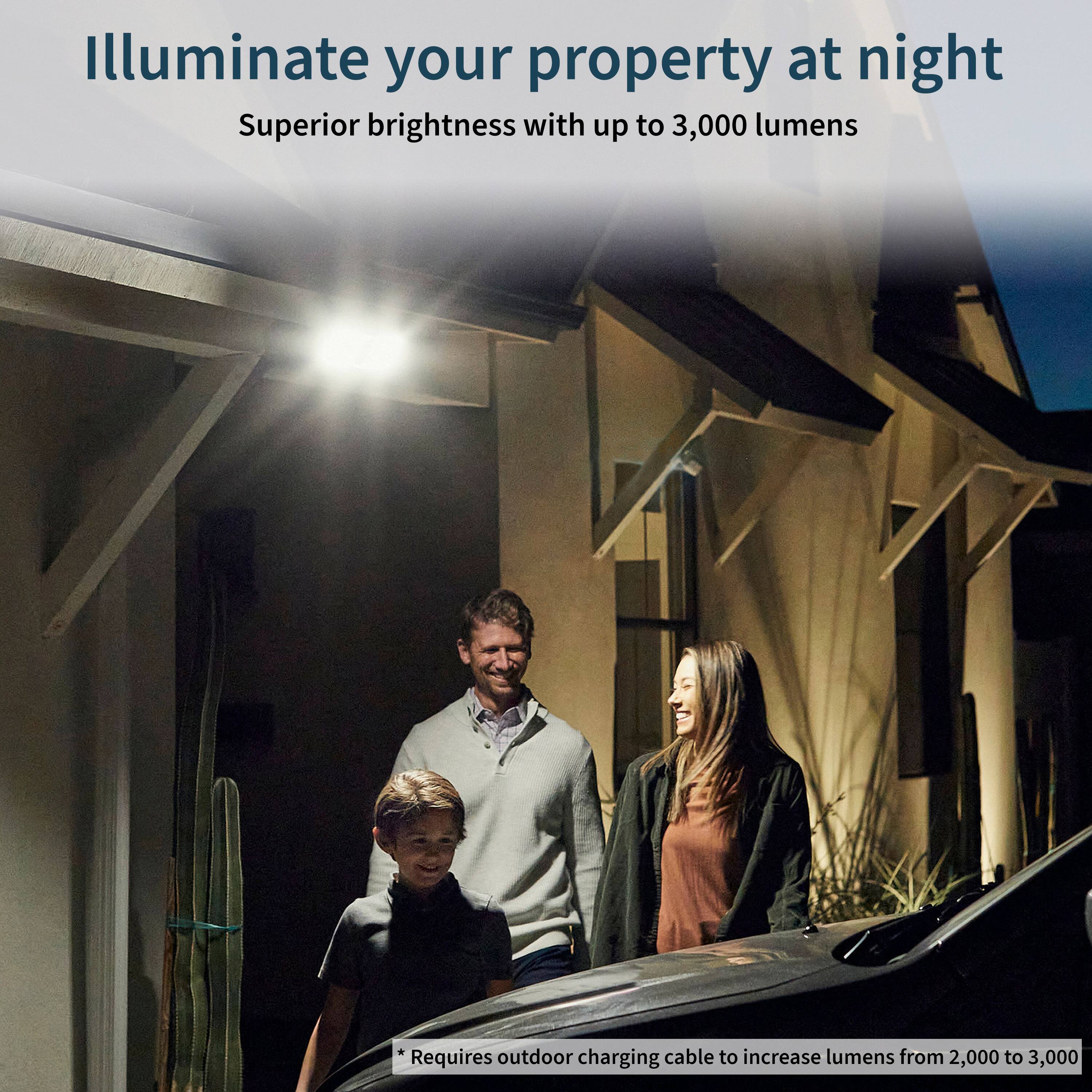 Illuminate your property at night with superior brightness, thanks to up to 3,000 lumens. To increase the lumens from 2,000 to 3,000, a charging cable is required for outdoor use.