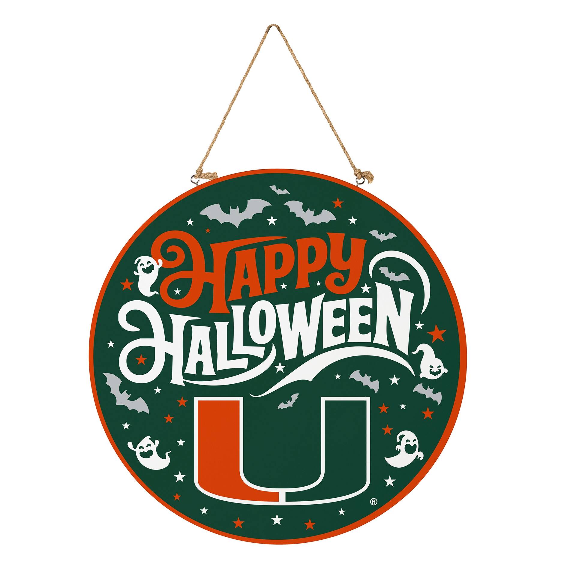 Alt View 2. Evergreen Enterprises - Miami Hurricanes 18" Happy Halloween Wooden Round Door Sign - Multicolor.