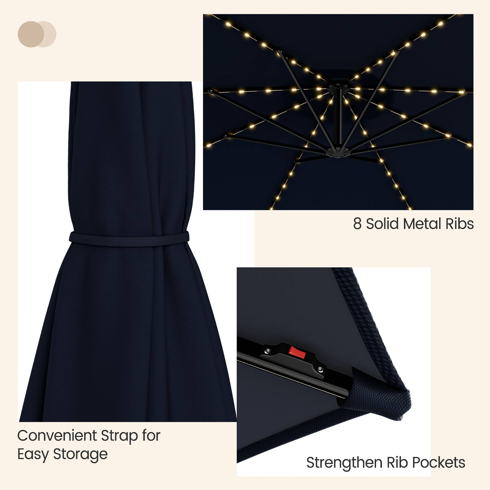 8 Solid Metal Ribs, Convenient Strap for Easy Storage, Strengthen Rib Pockets