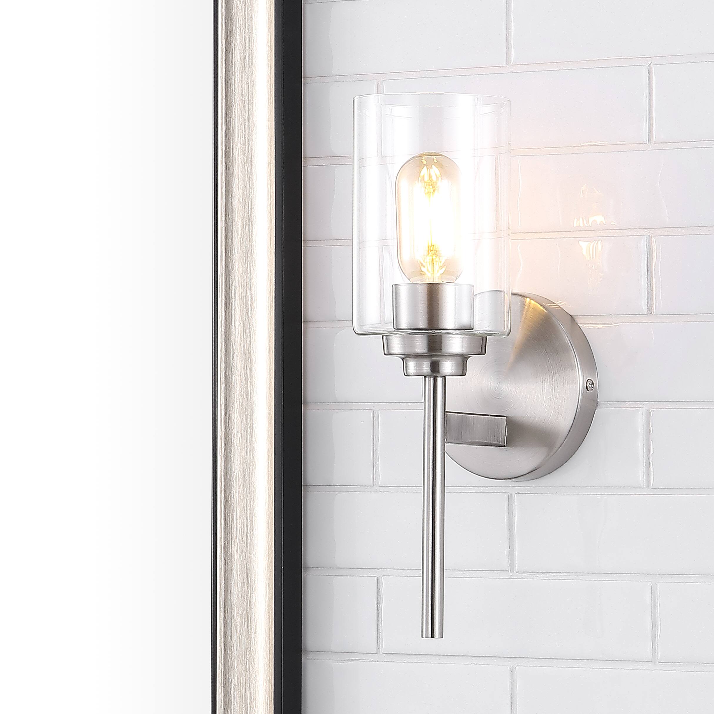 Alt View 1. Jonathan Y - Juno 13" 1-Light Farmhouse Industrial Metal/Glass Cylinder LED Sconce, Nickel/Clear - Nickel.