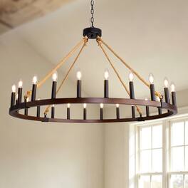 Siljoy - 48 Inch 24-Light Wagon Wheel Chandelier, Farmhouse Solid Wood Candle Pendant Light for Living Room Foyer - Brown