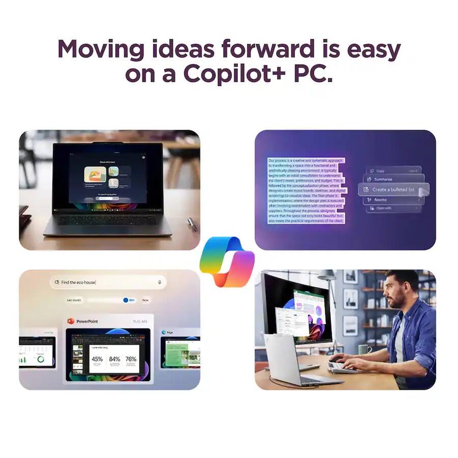 Moving ideas forward is easy on a Copilot+ PC.

- Dur oo cnatiue a Intorsec NNA - 10m - uncional a Dotirn
- hypically - nw comUrtaton ad Scale Nilloved i i sas renderinge deas the w t t w It2 Cos
- Summurine
- Create a bulleted Fat Sewrine
- Find the eo house - PowerPoind
- TE.AS AM - 45% 84% 76%