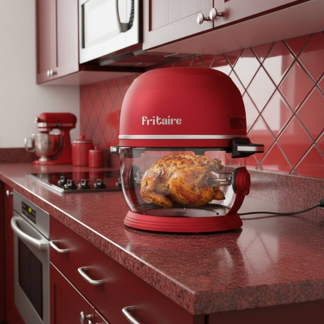 Alt View 1. Fritaire - Non-Toxic Air Fryer - Glass Air Fryer, 5qt, Teflon-Free, PFOA- Free, w/ Accessories - Rotisserie and Tumbling Basket - Cherry.