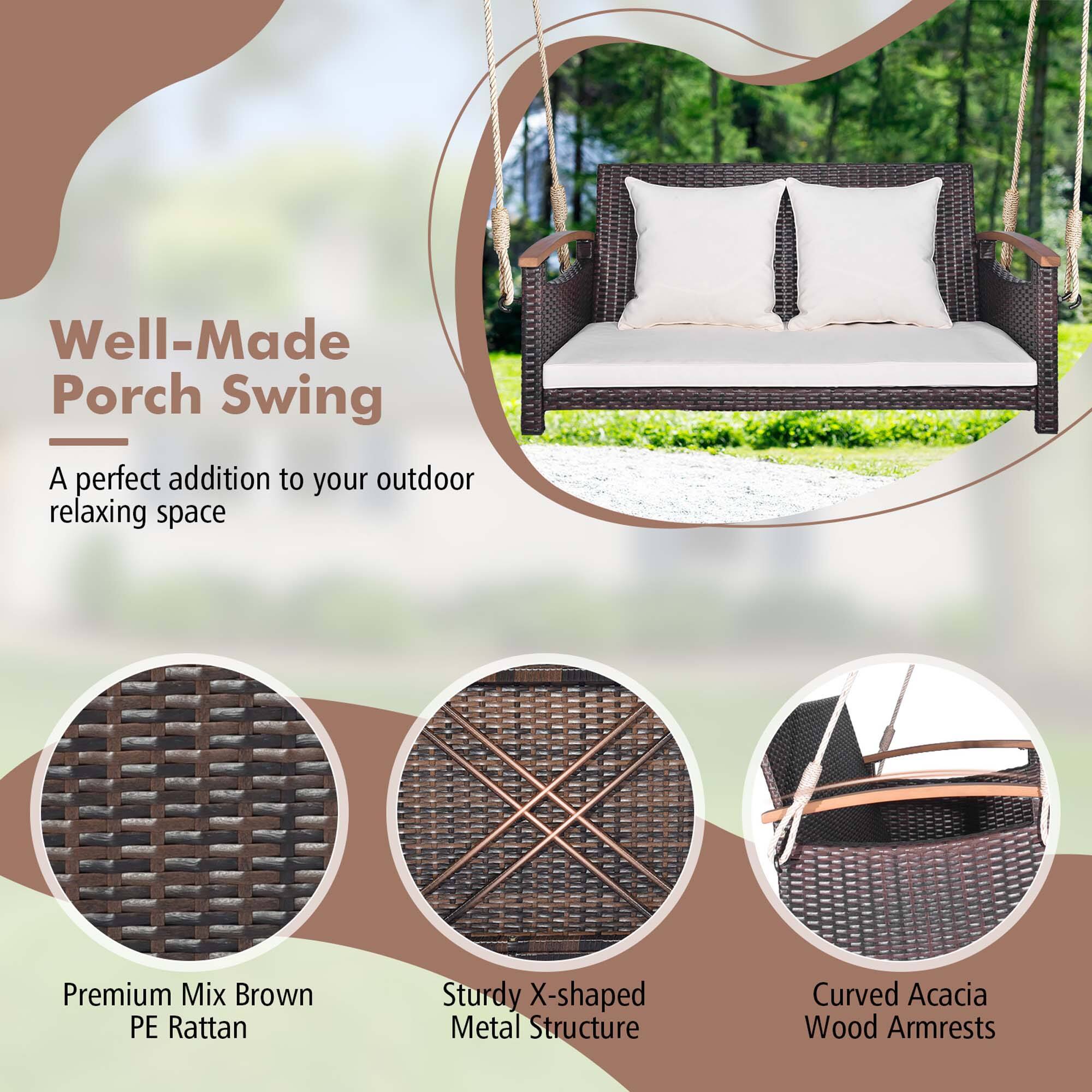 Well-Made Porch Swing  
A perfect addition to your outdoor relaxing space  

- Premium Mix Brown PE Rattan  
- Sturdy X-shaped Metal Structure  
- Curved Acacia Wood Armrests