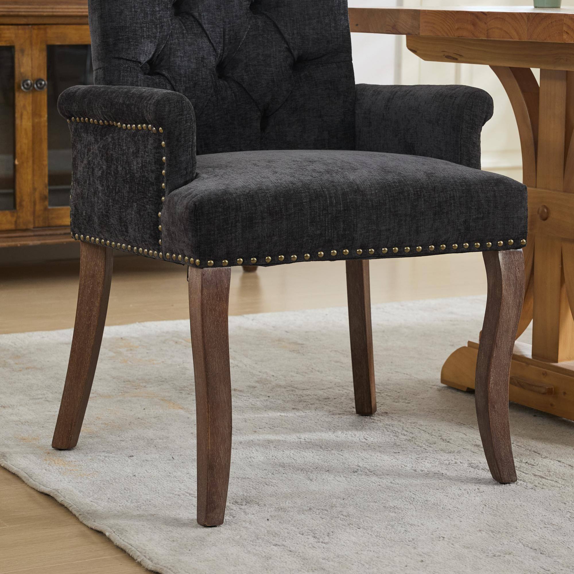 Alt View 10. GOODSILO - Upholstered Tufted Accent Dining Chair with Curved Wood Legs and Chenille Fabric in Neutral Beige - Black.