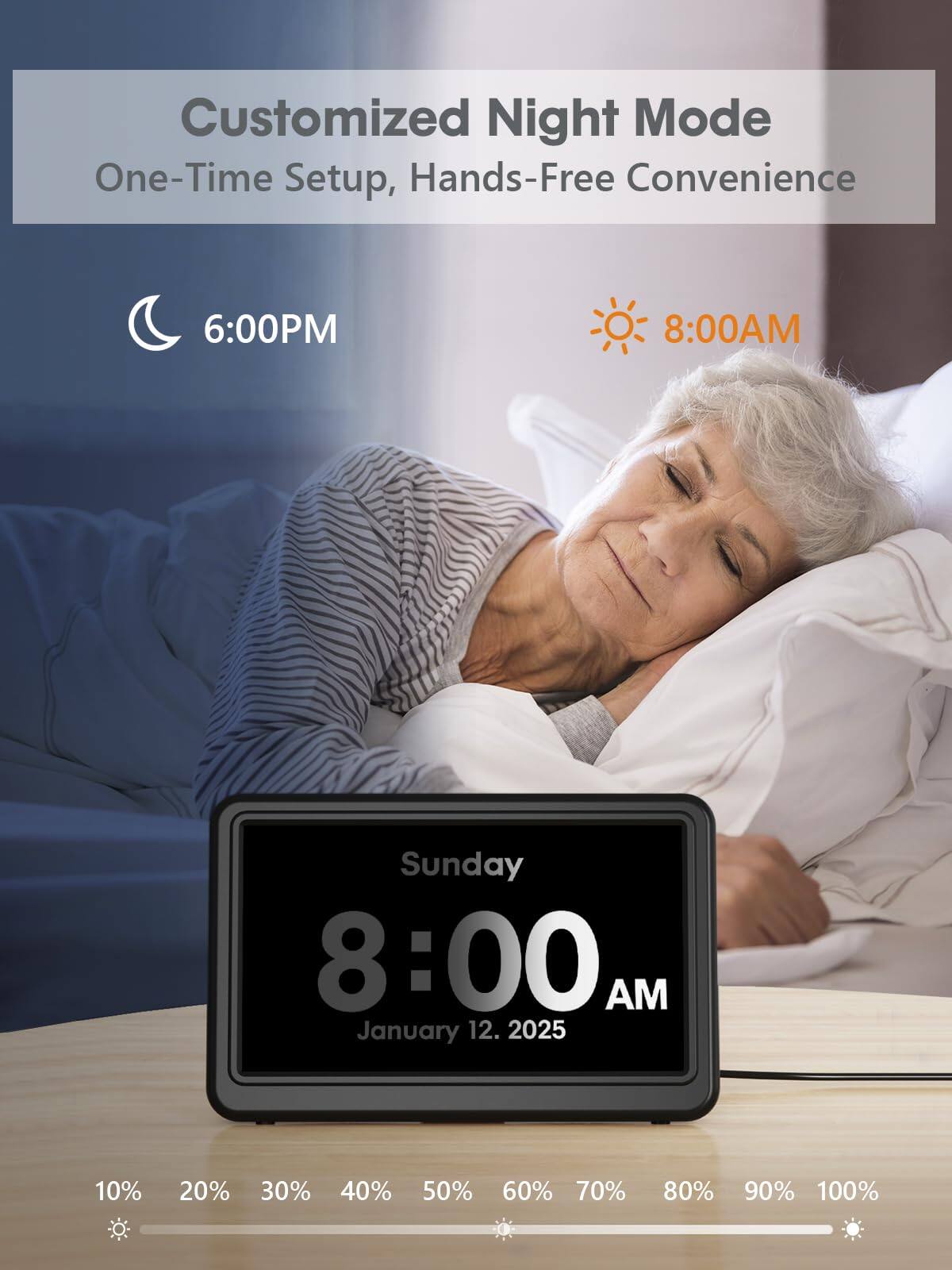 Customized Night Mode  
One-Time Setup, Hands-Free Convenience  

6:00PM - 8:00AM  

Sunday 8:00 AM  
January 12, 2025  

10% 20% 30% 40% 50% 60% 70% 80% 90% 100%