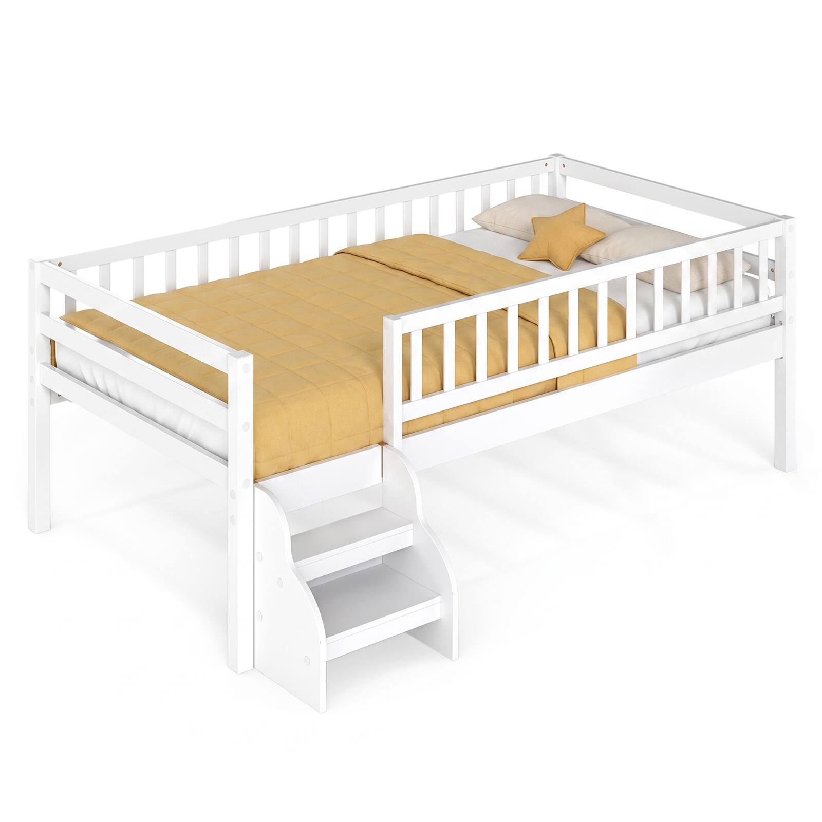 Alt View 1. Costway - Costway Twin Size Montessori Bed with Stairs Guardrails Wooden Slat Support Under Bed Space - White.